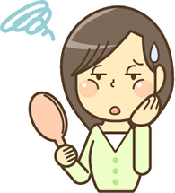 鏡を持って悩んでいる女性のイラスト